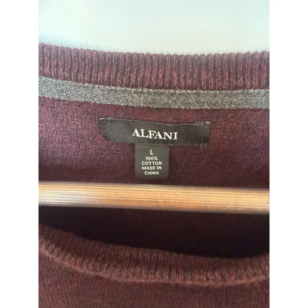 Alfani Men's Burgundy Gray Striped Knit Crew Neck Pullover Sweater Ribbed L